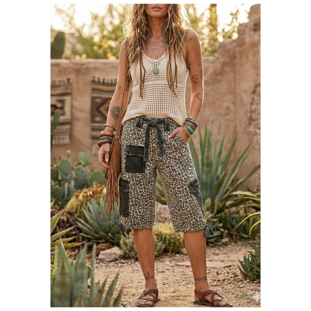 Boutique Washed Leopard Print Cargo Shorts